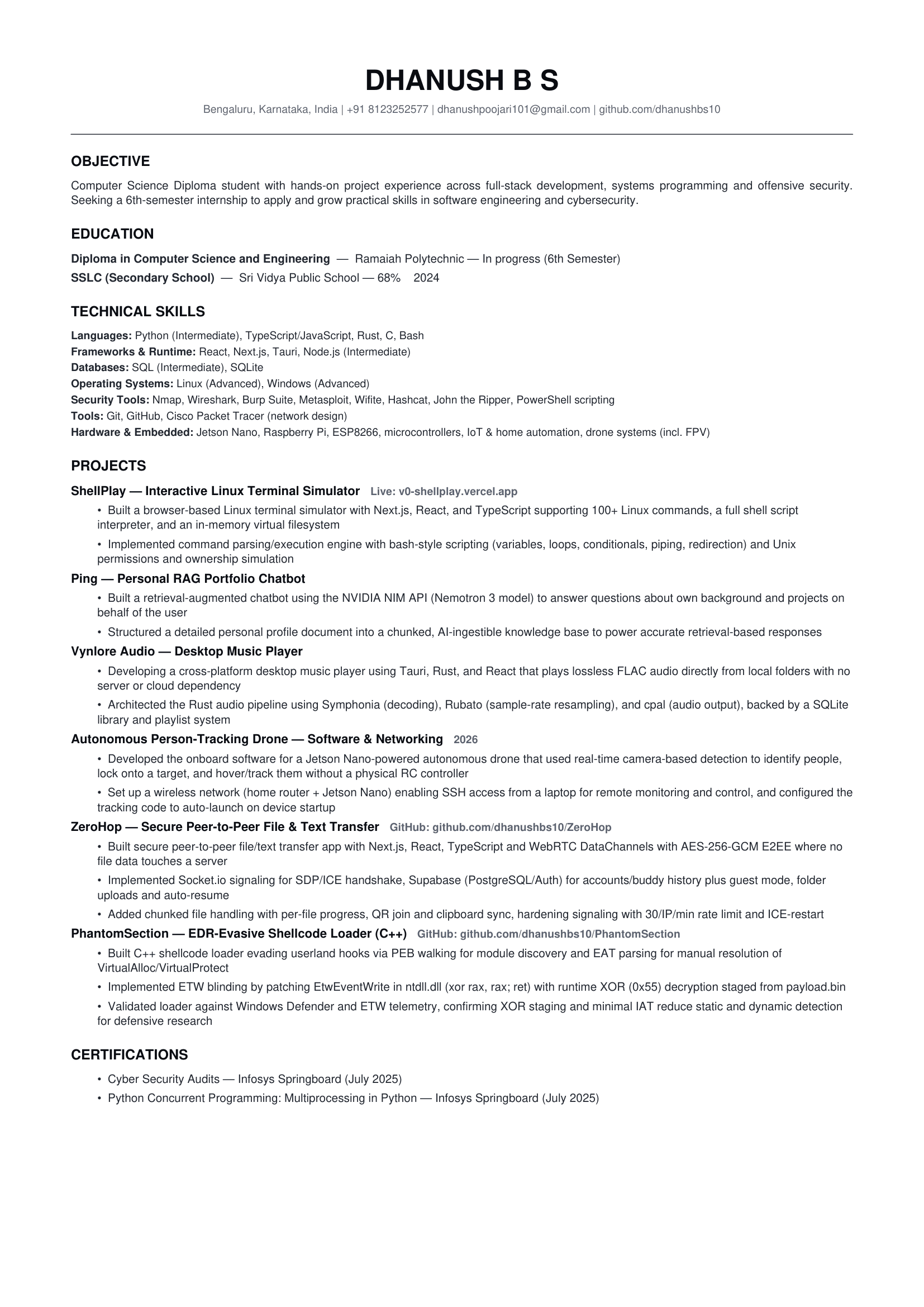 Resume — Dhanush B S